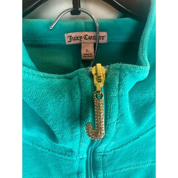 Juicy Couture Y2K Terry Velour Track Jacket Pants Teal Rhinestone J Jogger Set L - Picture 7 of 16